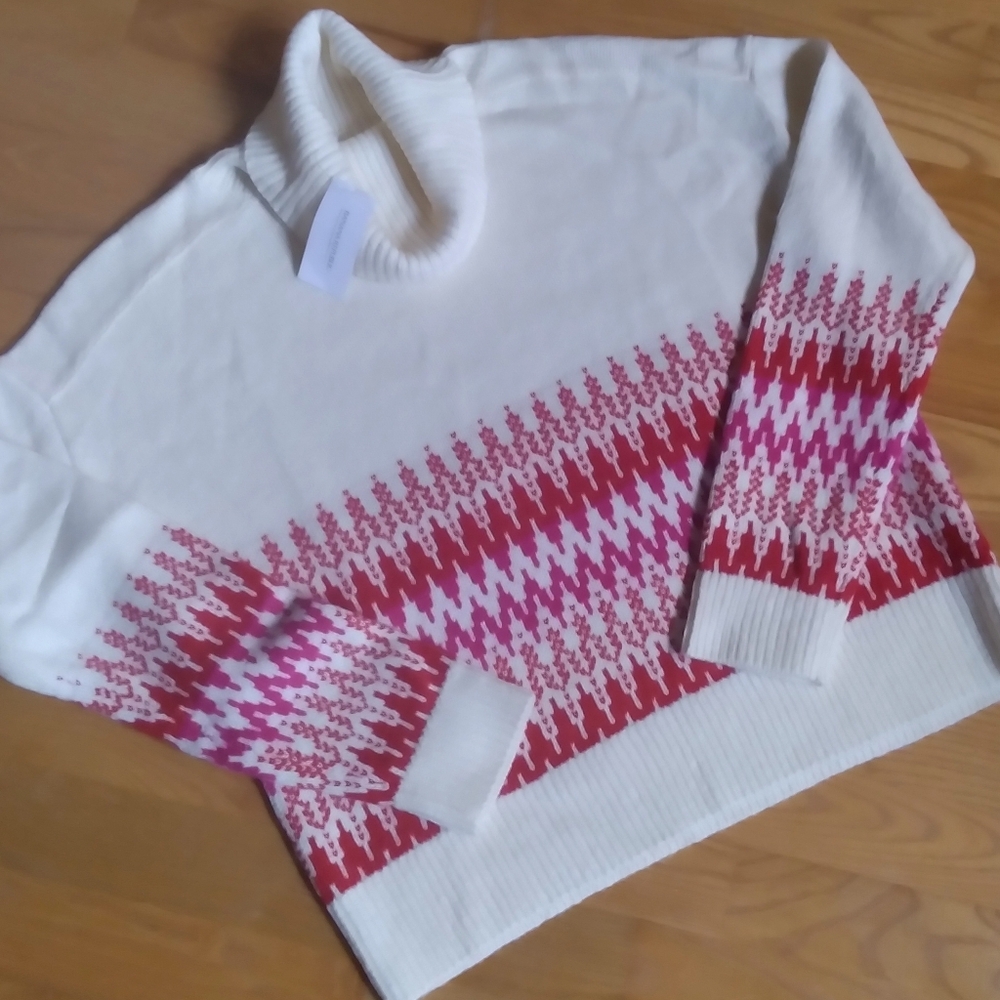 NWT Banana Republic‎ Red and Pink Cropped Fairisle Turtleneck Sweater Small